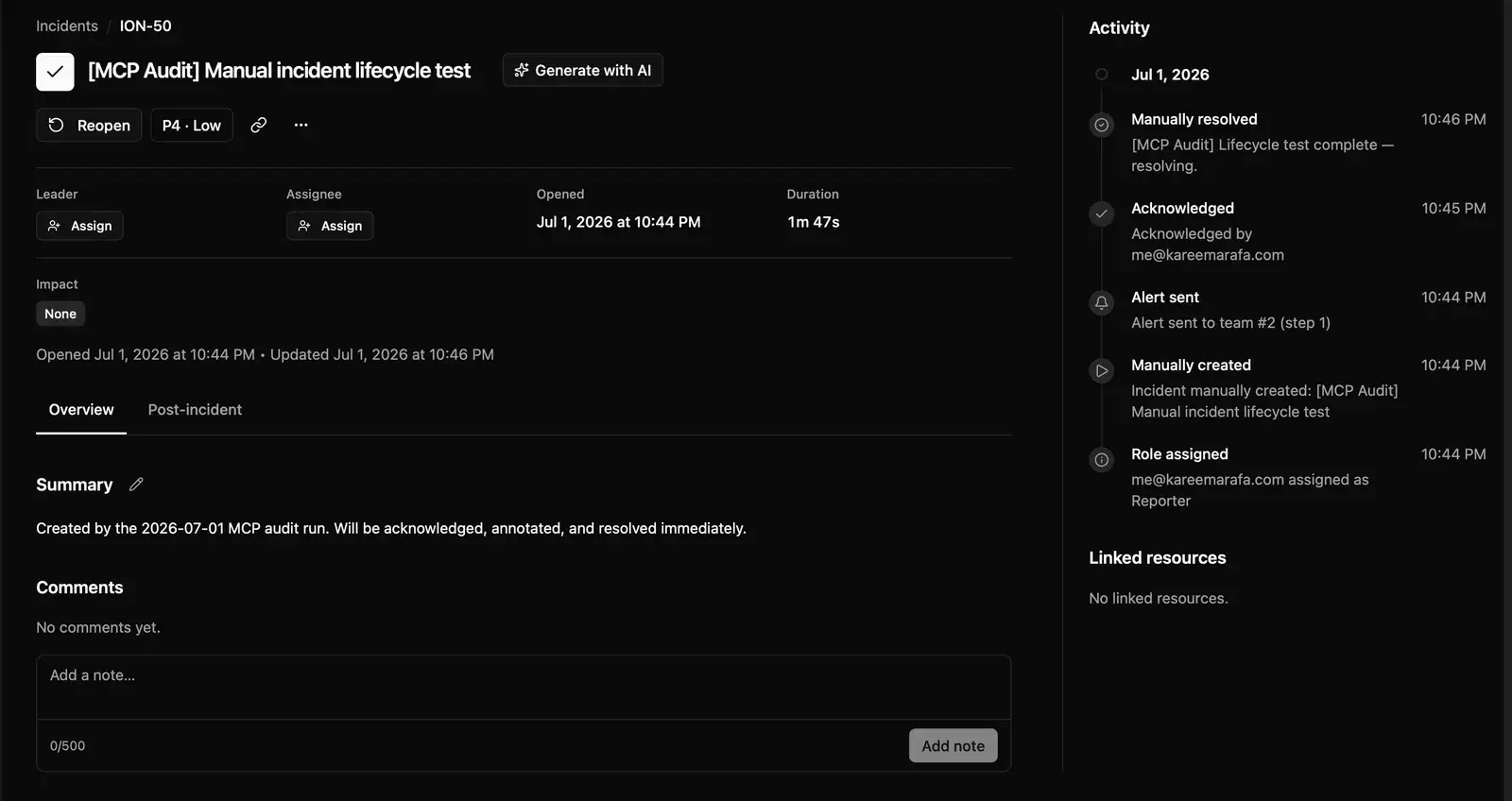 Ionhour incident detail with a full activity timeline