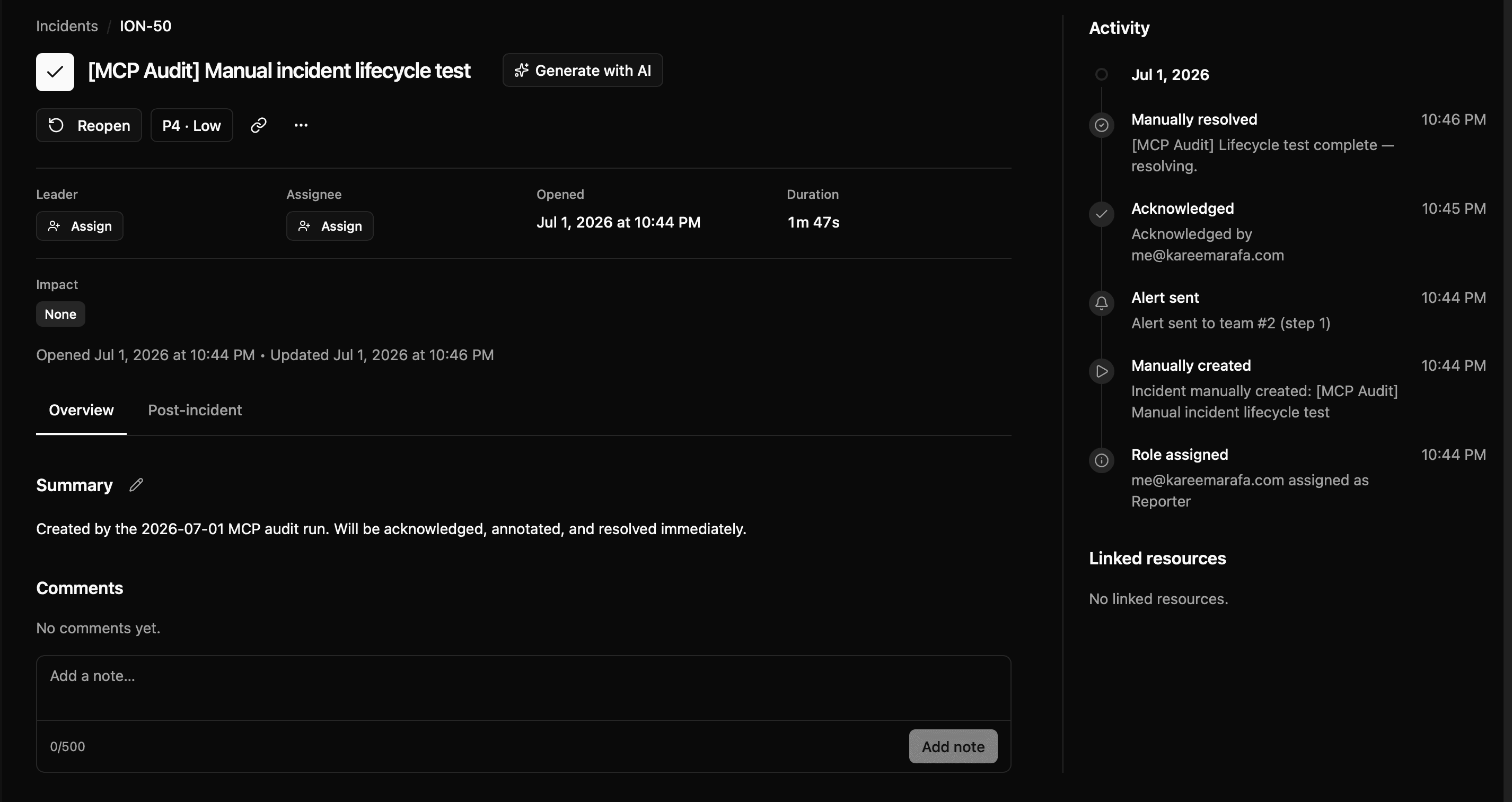 Ionhour incident detail with a full activity timeline